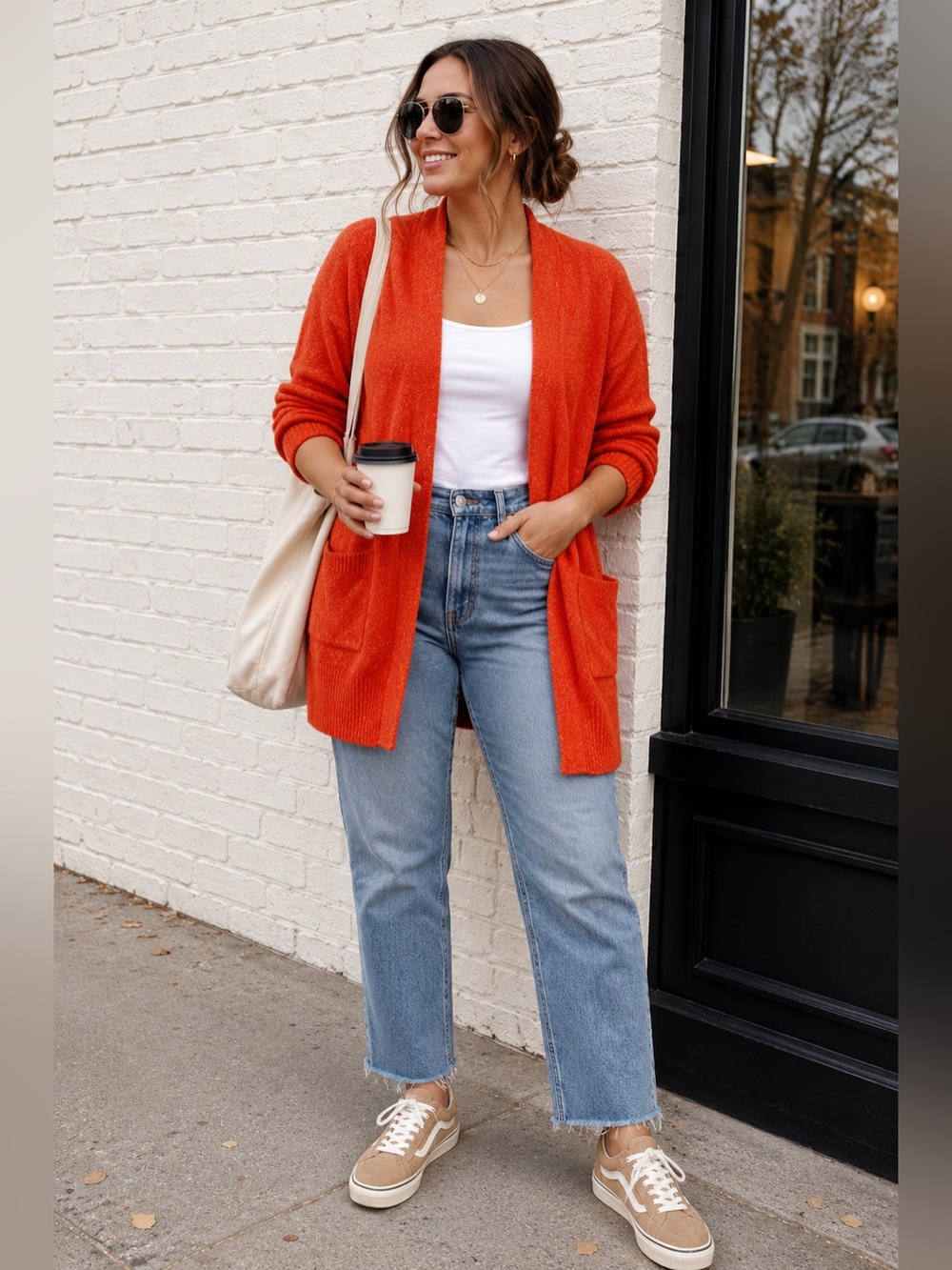 LOFT Medium Red Orange Marled Knit Cardigan Open Front Pocket Sweater